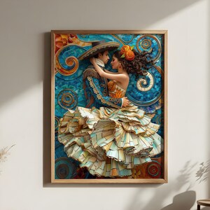 May include: A framed artwork depicts a couple in traditional attire, embracing. The man wears a blue jacket and a sombrero. The woman has a floral hairpiece and a layered skirt. The background features a mosaic design with blue and orange hues.