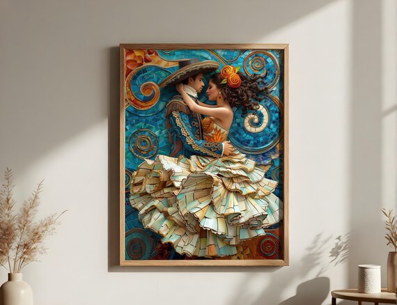 Mexican Folklórico Couple Mosaic Art Print, Romantic Embrace Talavera Tile Style (Digital Download)