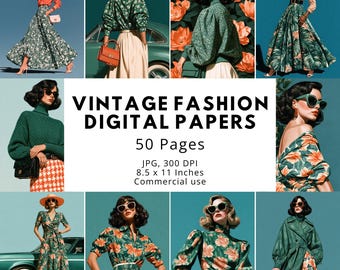 50 Fashion Digital Papers Bundle, Chic Fashion Illustration Set, Modern Glam Decor, Maximalist Art, 8.5x11 Printable Junk Journal Pages