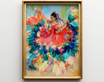 Mexican Dancer Wall Art, Colorful Folklorico Dress Painting, Vibrant Impressionist Art, Mexican Heritage Decor, Printable Digital Download