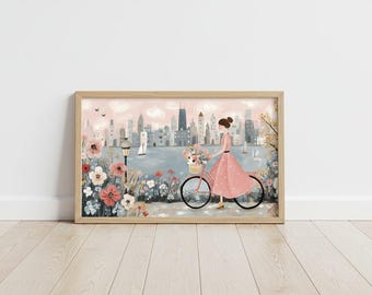 Pastel Chicago Bike Art Print - Woman Cycling Downtown Spring Skyline Wall Decor Poster