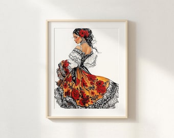Mexican Folklórico Dancer Art Print, Vibrant Floral Dress Illustration (Digital Download)