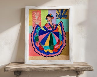 Mexican Folklorico Dancer Wall Art, Colorful Mexican Woman Painting, Traditional Folk Dance, Printable Hispanic Heritage Decor