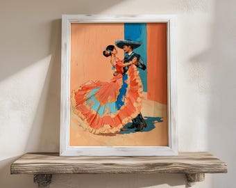 Mexican Couple Wall Art, Folklorico Dress Painting, Romantic Charro Dance Art, Colorful Mexican Culture Decor Printable Digital Download