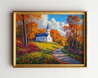 Country Church Wall Art, Autumn Oil Painting, White Chapel Landscape, Rustic Country Road, Fall Foliage, Printable Farmhouse Decor