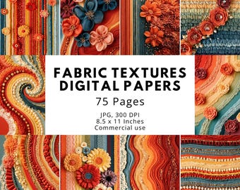 75 Boho Textile Digital Papers, Fabric Collage Junk Journal Pages, Crochet Lace & Beaded Floral Scrapbook Paper Bundle