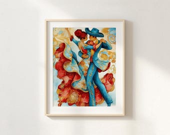 Mexican Folklorico Couple Wall Art Printable, Charro & Folklorico Dance Digital Download, Colorful Mexican Folk Art Print, Cultural Decor