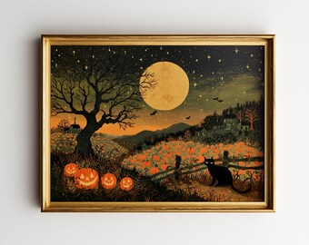 Grafika ścienna z motywem Halloween, obraz z dyniami w stylu vintage, krajobraz z księżycem w pełni czarnego kota, rustykalna sztuka ludowa jesieni, dekoracja jesienna do druku