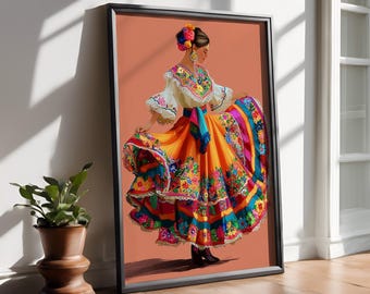 Mexican Wall Art - Folklorico Dancer in Colorful Dress - Instant Download