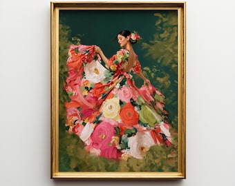 Mexican Folklorico Dancer Wall Art, Colorful Floral Dress Painting, Feminine Folk Art Printable, Vibrant Mexican Inspired Decor
