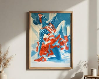 Patriotyczna baletnica, cyfrowy wydruk artystyczny, czerwono-biało-niebieska grafika ścienna, dekoracja na 4 lipca, wydruk z okazji Dnia Niepodległości, dzieło sztuki baletnicy