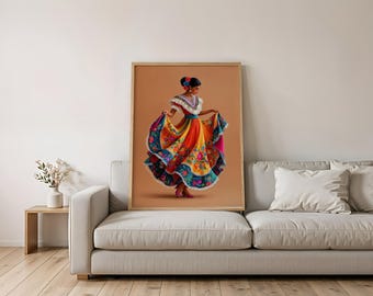 Mexican Folklorico Dancer Wall Art, Colorful Mexican Woman Digital Print, Traditional Folk Dance Decor, Fiesta Cultural Art