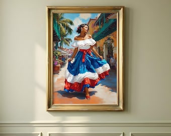 Dominikańska Kobieta na Ścianie do Druku, Traje Típico Dominicano Digital Download, Karaibska Sztuka Ludowa, Wystrój Dominikany