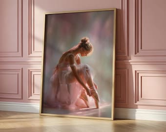 Dreamy Ballerina Wall Art Print, Soft Pink Ballet Decor, Feminine Printable Artwork, Elegant Dance Studio Digital Download