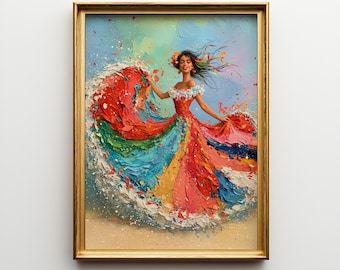 Mexican Folklorico Dancer Wall Art, Colorful Fiesta Painting, Traditional Mexican Dance, Printable Cultural Art, Vibrant Dress Decor