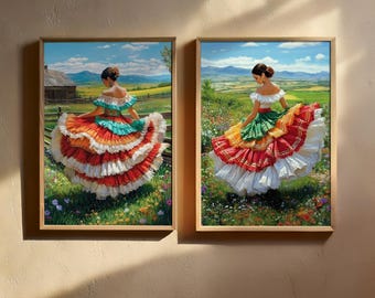 Mexican Folklorico Wall Art Set of 2, Colorful Traditional Dress Prints, Rustic Farmhouse Decor, Instant Download
