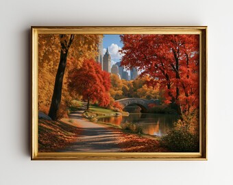 New York City Fall Wall Art, Central Park Autumn Painting, Manhattan Skyline, Stone Bridge, Colorful Foliage, Printable Landscape Decor