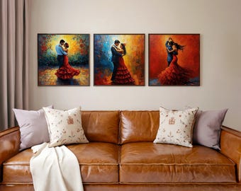 Spanish Flamenco Couple Wall Art Bundle Set of 3, Romantic Dance Printable Wall Decor, Passionate Red Dress Artwork, Instant Download
