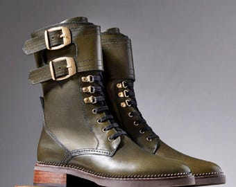 New Handmade Pure Leather Motorcycle Ankle Buckles Boots For Women's