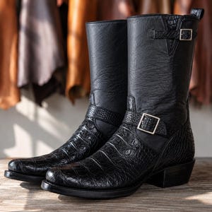 May include: A pair of black mid-calf boots featuring a textured crocodile-skin pattern on the toe, heel, and ankle strap. The boots include a silver-toned metal buckle on the side and a smooth leather shaft with a matching strap at the top.