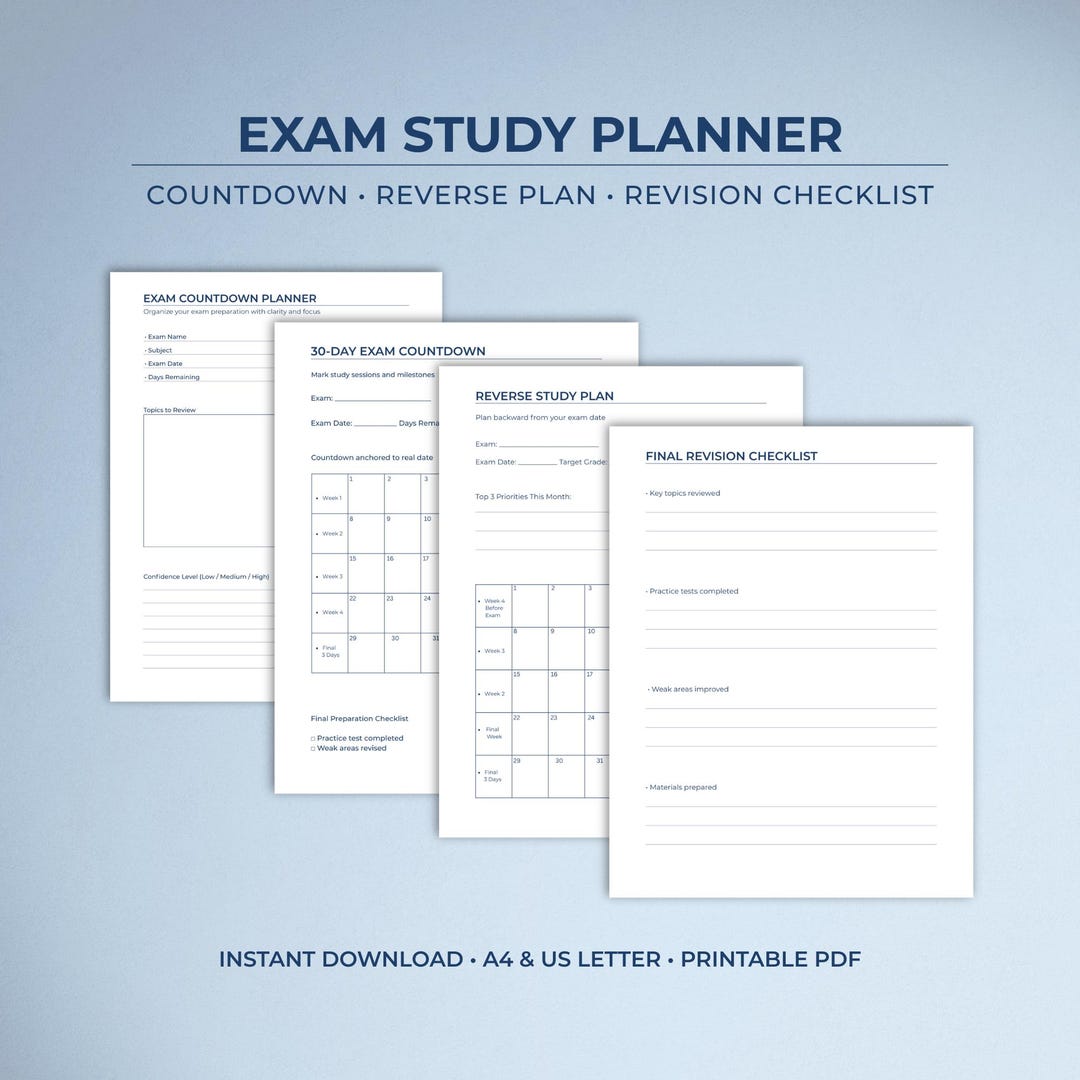 Exam Study Planner | Countdown, Reverse Plan | Revision Checklist PDF ...