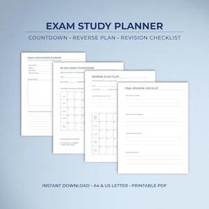 Exam Study Planner | Countdown, Reverse Plan | Revision Checklist PDF Download | A4 | US size