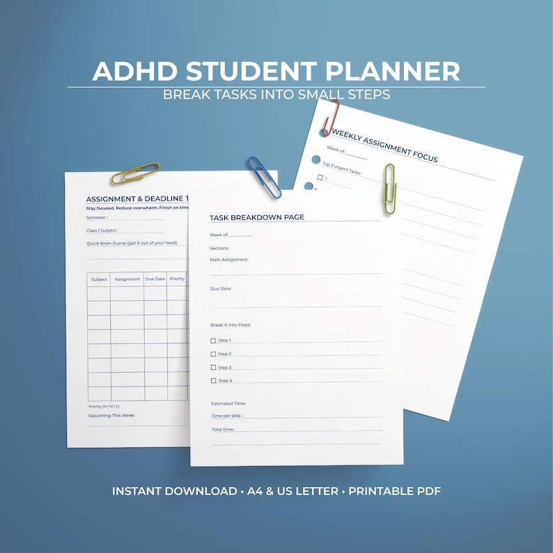 ADHD Student Planner Printable, Assignment Tracker, Study Organizer ...