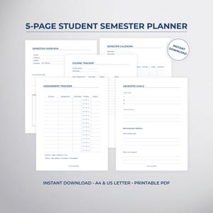 May include: A 5-page student semester planner with sections for semester overview, course tracking, assignment tracking, semester calendar, and goals. The planner is available for instant download in A4 and US Letter sizes as a printable PDF.