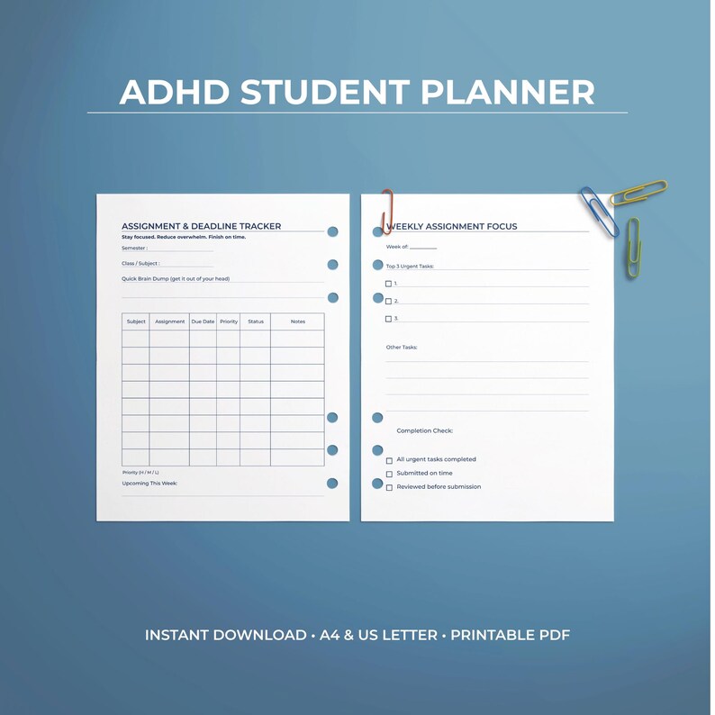 ADHD Student Planner Printable, Assignment Tracker, Study Organizer ...