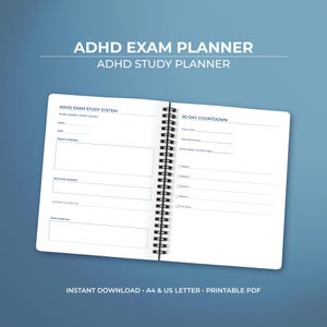 Puede incluir: Un planificador abierto con espiral con el texto "ADHD EXAM PLANNER" y "ADHD STUDY PLANNER". Las páginas blancas presentan texto negro, incluyendo secciones para detalles del examen, temas a revisar y una cuenta regresiva de 30 días. El texto inferior dice "INSTANT DOWNLOAD - A4 & US LETTER - PRINTABLE PDF."