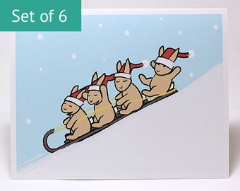 Holiday Christmas Cards - Sledding Bunny Rabbit Card (Set of 6)
