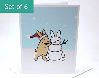 Bunny Christmas Card Set - Snowman Rabbit Cards (Set of 6)