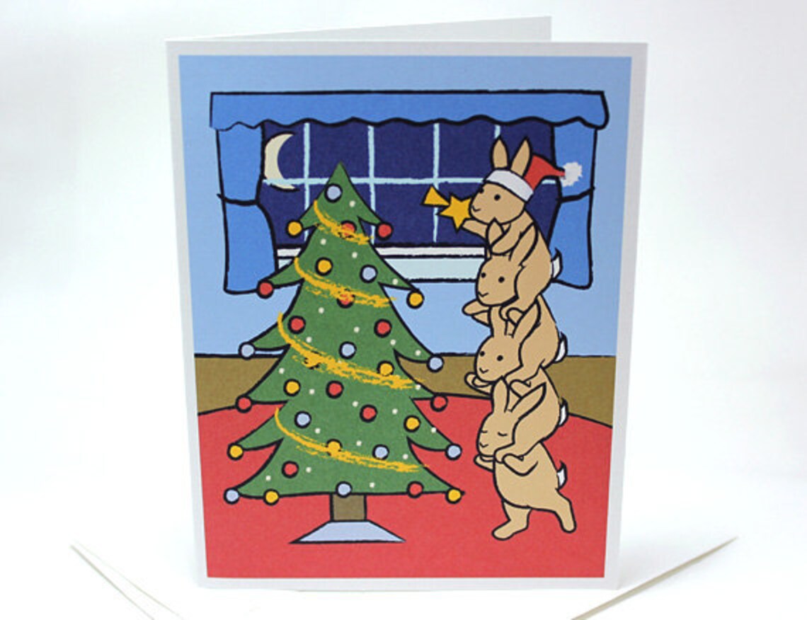 Bunny Christmas Card Set Rabbit Holiday Cards set of 6 | Etsy