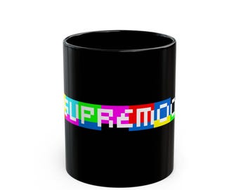 Pixel Rainbow 'Supremoo' Mug | Black Ceramic Coffee Cup