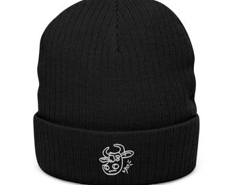 MOO Embroidery Beanie | Ribbed Knit Cuff Hat