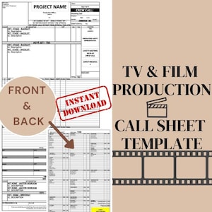 Può includere: Un modello beige per i fogli di chiamata di produzione televisiva e cinematografica. Il design include sezioni per i dettagli del progetto, le chiamate dell'equipaggio e le informazioni sulla sicurezza. Il testo include "TV & Film Production".