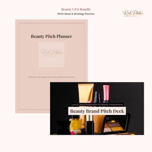 Op de afbeelding: Een beauty business bundle met een pitch deck en strategieplanner. De afbeelding toont een roze planner met de tekst "Beauty Pitch Planner" en een selectie van beautyproducten, waaronder lippenstift en oogschaduw.