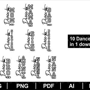 Op de afbeelding: Zwart-wit digitaal ontwerp met tien danslogo's. Elk logo bevat het woord "Dance" met een danser-silhouet en familietitels zoals "Mama", "Papa" en "Zus". De afbeelding bevat ook bestandstype-pictogrammen.