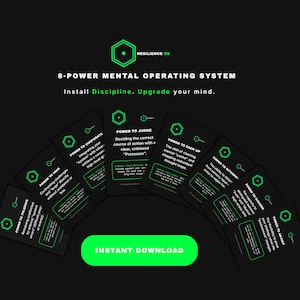 Puede incluir: Un diseño gráfico con fondo negro y texto y acentos verdes. El texto dice "8-POWER MENTAL OPERATING SYSTEM" e "Install Discipline. Upgrade your mind." Varias tarjetas están dispuestas en arco, cada una con un encabezado "POWER TO".