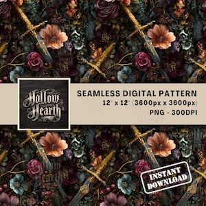 Mörk fantasi svärd blommig sömlös mönster PNG, gotiskt vapen botaniskt digitalt papper, medeltida romantiskt tygtryck