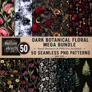 May include: A collection of 50 seamless PNG patterns with dark botanical floral designs. The patterns include various floral arrangements, keys, and other botanical elements. The image also includes the text "Dark Botanical Floral Mega Bundle" and "50 Seamless PNG Patterns".