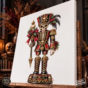 Gothic Nutcracker PNG, Skeleton Clipart Soldier, Gothmas Scene in Red Gold Uniform, Dark Christmas