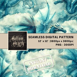 Puede incluir: Patrón digital sin costuras con diseño de dragones de fantasía en tonos azules y blancos. La obra de arte incluye dragones con escamas y alas detalladas, sobre un fondo nublado. El patrón mide 30,48 cm x 30,48 cm.