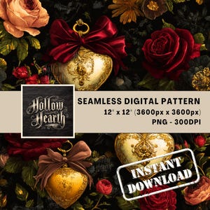 Dark Coquette Heart Seamless Pattern, Vintage Gold Locket Floral Digital Paper, Gothic Romantic Fabric Print, Rose Scrapbook PNG