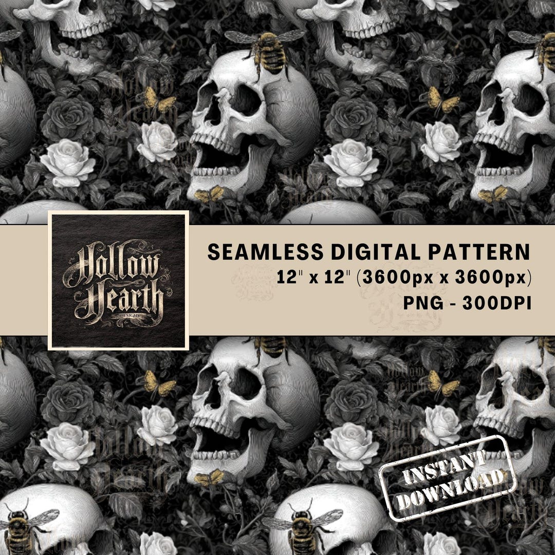 Dark Gothic Skull Bee Seamless Pattern Skull Floral Surface Pattern ...