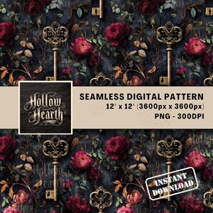 Vintage nyckelros sömlöst mönster PNG, mörk blommig cottagecore, antika guldnycklar, röd ros gotiskt botaniskt tyg, ytmönster
