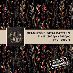 Patrón botánico sin costuras de hierbas oscuras PNG, papel digital de flores silvestres sombrías, estampado de tela estilo cottagecore gótico