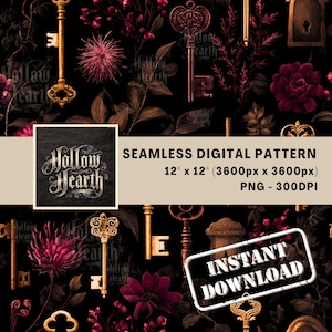 May include: Seamless digital pattern featuring antique keys, burgundy flowers, and foliage on a black background. The design includes the text "Hollow Hearth" and "Instant Download". The pattern is 12" x 12" (3600px x 3600px) in PNG format.