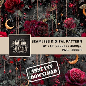Può includere: Motivo digitale senza cuciture con rose rosso scuro, farfalle e lune crescenti su sfondo nero. Il design include il testo "Hollow Hearth" e "Instant Download". Il motivo è di 30.48 cm x 30.48 cm e in formato PNG.