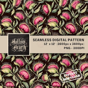Patrón sin costuras de Venus atrapamoscas PNG, papel digital de planta carnívora, estampado de tela gótico botánico estilo cottagecore oscuro